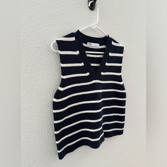 Zara Striped Sweater Vest in Navy and White - Picture 3 of 9